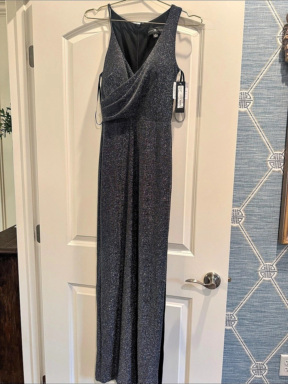 Betsy & Adam Draped Maxi Dress in Black & Silver Size 4 NWT